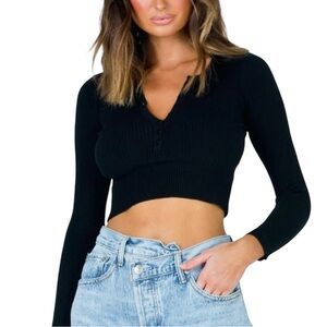 Princess Polly Black Long Sleeve Crop Top Ribbed Henley Neutral S 6